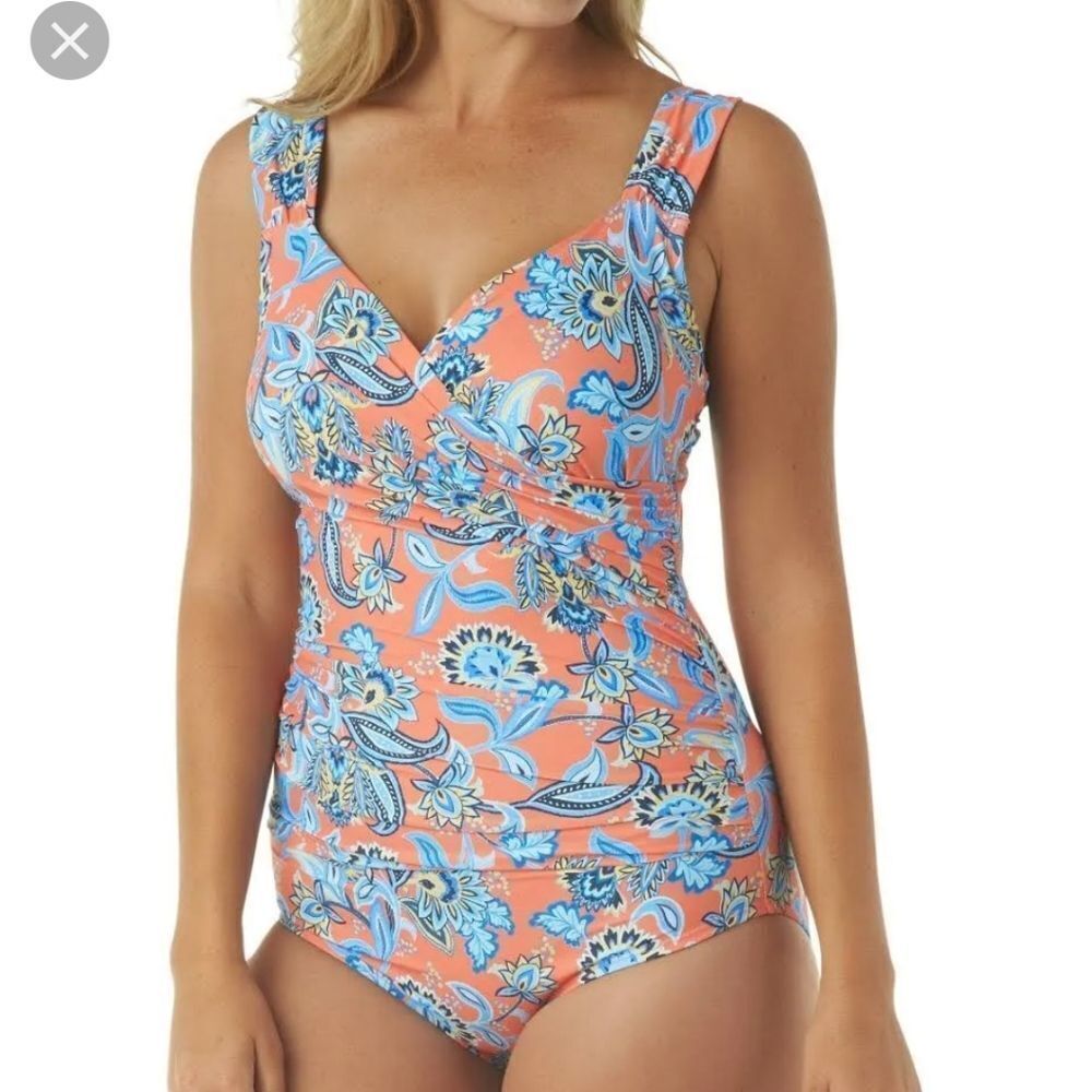 Jantzen's Womens orange Persephone Floral Surplice One Piece Swimsuit Si… - Picture 2 of 12